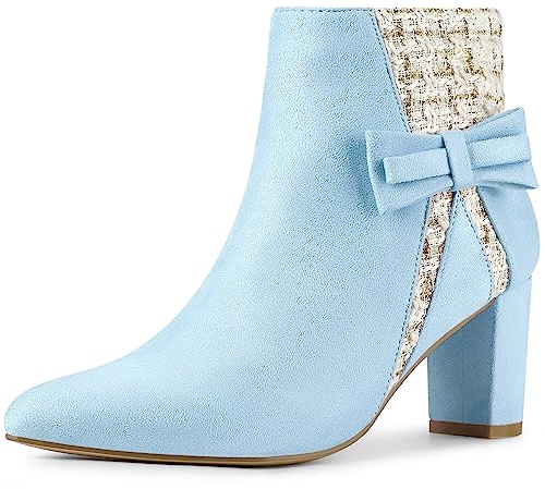 Allegra K Women's Tweed Plaid High Heel Boots Bow Chunky Heels Sky Blue Ankle Boots 9 M US