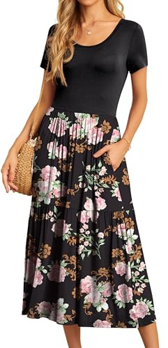GRECERELLE Womens Summer Maxi Dress Casual Short Sleeve Crew Neck Swing Flowy Tiered Party Dresses with Pockets for Weddings, Holidays (FP Rose Black, S)
