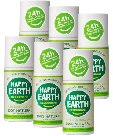 Happy Earth Déodorant - Pour Hommes et Femmes - Déo Roll-On - 100% Ingrédients Naturels & Végan - Non Parfumé - 75 ML