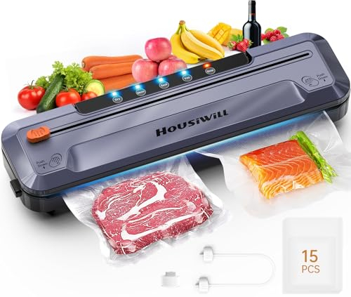 Vacuum Sealer Machine, One-Touch Automatic Food Vacuum Sealer Machine 5 Modes with 15 Sealer Bags and Built-in Cutter, Vacuum Food Sealer Vac Pack Machine for Sous Vide Cooking Dry & Moist Foods