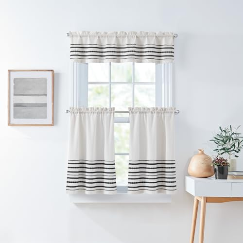 Curtainworks Boho Kitchen Curtains Tier and Valance Set 3-Piece, Light Filtering, Global Woven Striped, 28W x 36L Tier Pair, 56W x 14L Valance, White Black Stripe