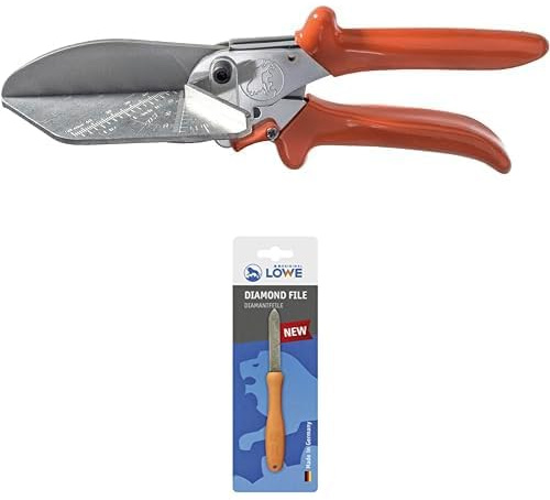 Original LÖWE Set bestehend aus Gehrungsschere 3.304 mit Hebelübersetzung für flache und harte Leisten & Diamantfeile 0023 für Scheren, Äxte und Werkzeuge