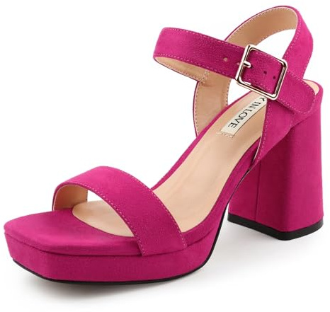 JOY IN LOVE Women's Chunky Platform High Heels Ankle Strap Block Heel Sandals Fuchsia Suede US8.5