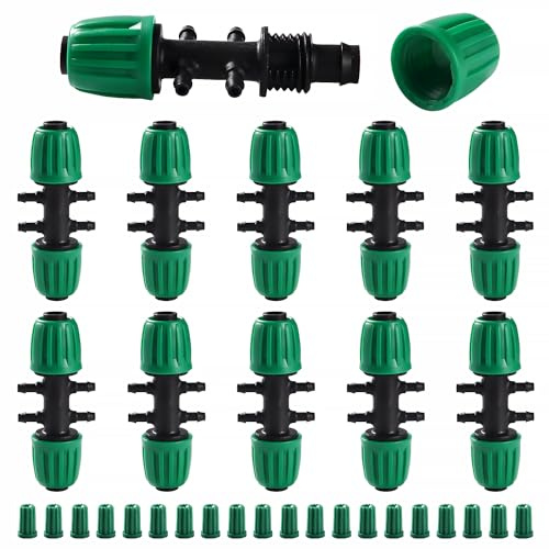 VooGenzek 10 ST Hullingförsedda Tee Kopplingar för Droppbevattning, 6-Vägs Anti-Drop 13/16 mm till 4/7 mm Bevattningsrör Koppling, Hullingförsedda T-Bevattningsrör för Gräsmatta, Gård, Trädgård, Grön