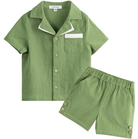 Volunboy Sommardräkter för barn, bomull och linne kortärmad T-shirt och shorts set för nyfödda pojkar 1–4 år, Grön, 2-3 �r