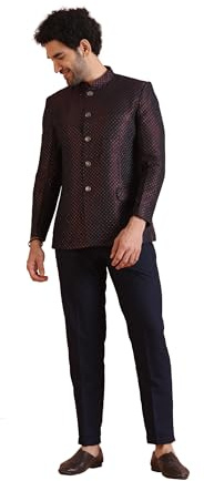 KISAH Set di pantaloni da uomo Jodhpuri Bandhgala, misto seta magenta, design intrecciato, vestibilità regolare, colletto alla coreana, maniche lunghe, Magenta, Medium/40