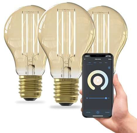 CALEX Lampadina LED Smart, E27, A60, Filamento Oro, luce calda, Dimmerabile, controllo app Wi-Fi & vocale, Confezione da 3