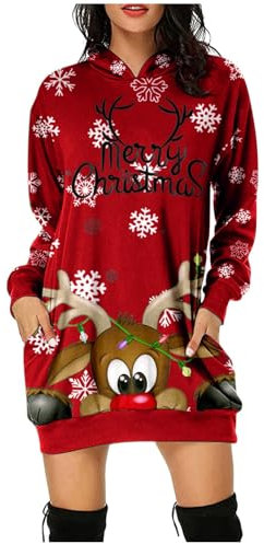 Generisch Weihnachts Kleider Damen Lustig Reindeer Drucken Kleid Elegant Hoodie Weihnachtskleid Oversize Rundhals Freizeitkleid Lang Pullover mit Kapuze Taschen Langarmshirt Oberteil Tops
