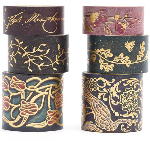 YUBX 6 Rollen Weinlese Washi Tape Set, Retro Masking Tape Goldene Foliendruck Dekoratives Klebeband Bunt für DIY Handwerk, Verschönert Journals, Planer, Scrapbooking und Verpackung