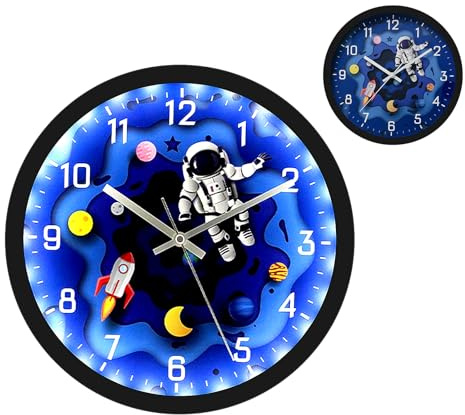 ALEENFOON 30cm Horloge Murale pour Enfants, Silencieuse sans Tic-Tac, activée par Le Son, Lumineuse, Horloge Murale Ronde De Style Astronaute, pour Chambres d'enfants, Salons