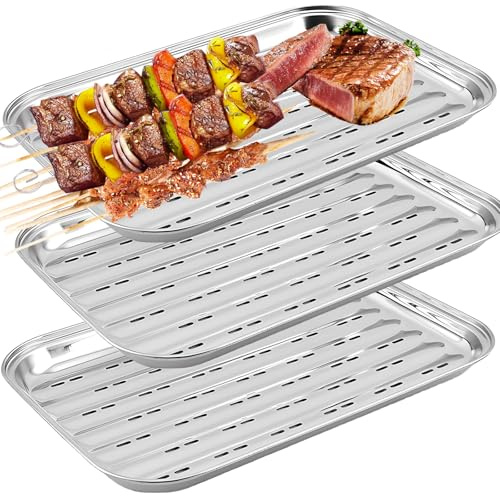 3 stycken BBQ grillskålar av rostfritt stål, 34,9 x 24,5 x 2,7 cm återanvändbar grillkorg, grönsakskorg, utomhustillbehör för grönsaker fisk eller kött för gas-, el- och kolgrill (3P)
