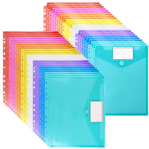 MIVIDE Lot 48 Pochettes Plastique A4 Colorée Perforées, Pochette Plastique A4 avec Rabat, Horizontal et Vertical Pochette Extensible pour Dossier, Document, Etiquette (8 Couleurs)