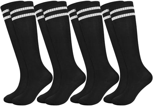 KOOOGEAR 4 Pairs Kids Football Socks Boys Girls Black Knee High Athletic Socks Long Sleeves Cotton Sports Soccer Rugby HockeyTraining Socks for Children Youth Junior 6-12 Years