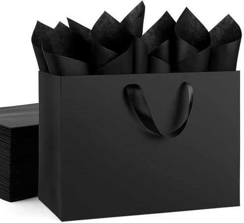 OfficeCastle 4 Pack Black Paper Gift Bags, XL 16x6x12 inch Bags with Handles and 10 Gold Tissue Sheets, Luxury Shopping Bag for Holiday Gifts, Retail, Boutique, Party Use (XL, 4pcs)