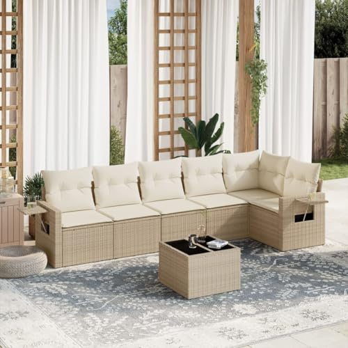 Qnhdfrt Set di 7 divani da giardino, in polietilene, in rattan sintetico, con cuscino, spazio di archiviazione e tavolo pieghevole, per terrazza, giardino e balcone