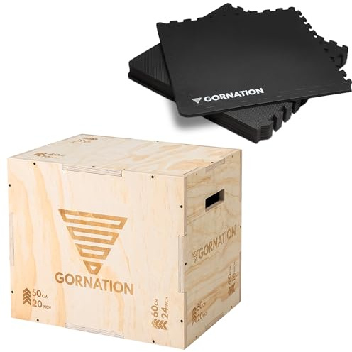 GORNATION Plyo Box in Legno 3 in 1 – Scatola Pliometrica per Salti, Crossfit e Home Gym, Box Jump per Allenamento Funzionale e Fitness, Compatto per Casa o Studio (Plyo Box + Set di Tappetini)