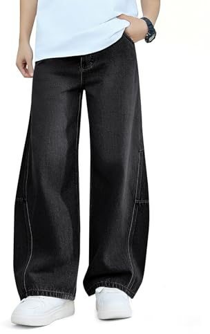 Haloumoning Boys Baggy Jeans Kids Wide Leg Elastic Wasit Demin Pants with Pockets 5-14 Years Black