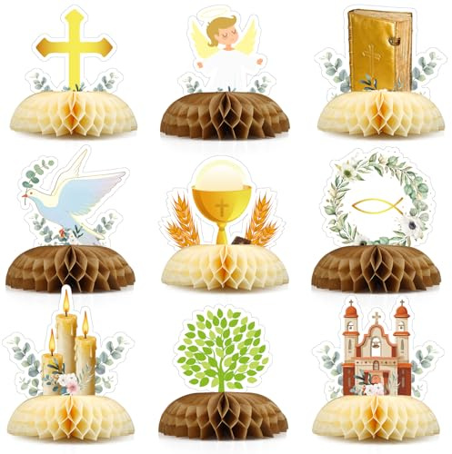 Lote 9 Centros de Mesa Nido de Abeja Bautizo y Comunión - Decoración Mesa con Cruz y Paloma - Adorno para Primera Comunión - Centro Ceremonia Religiosa - Fe y Tradición