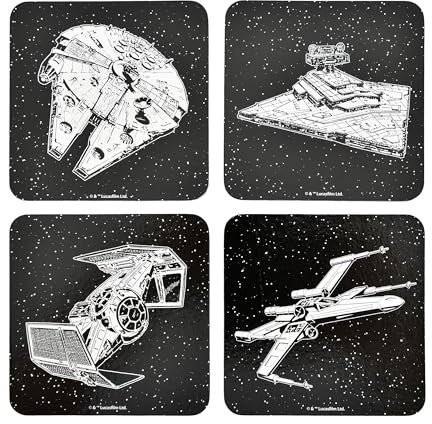 Elbenwald underlägg, uppsättning om 4 med olika utföranden och färger – presentidé – fyrkantiga glasunderlägg – för alla typer av koppar – flerfärgade – kork, plast (Star Wars)