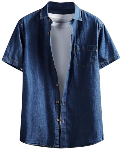 Generisch Chemise en jean délavée coupe ajustée pour homme, manches courtes et pour l'été
