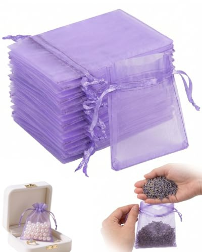 RAVNIX 100 Pezzi Sacchetti Organza Lilla Chiaro, Eleganti e Trasparenti con Coulisse, Ideali per Bomboniere Matrimonio, Gioielli, Regali, Feste, Natale