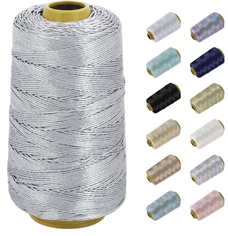 Uiopa Hilo Metalizado para Crochet, 100g/300m Hilo Plata de Poliéster Brillante, Cuerda Metalizado Hilos Ganchillo para Bolso, Cestas, Gorros, Decoración, Manualidades