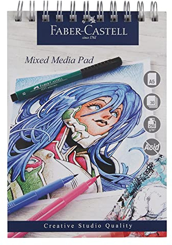 Faber-Castell Creative Studio Mixed Media Pad, A5, Spiral Bound Paper, 250 GSM, 30 Sheets, for All Media, Acrylic, Watercolour Paint and Pencils, Pastel, Charcoal, Graphite, Art, Craft, Home, School
