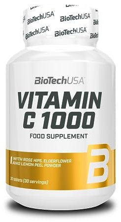 BioTechUSA Vitamin C 1000 + BioFlavonoide | Mehrere Quellen | Immunstütze | Hagebutte, Holunderblüte & Zitrone, 30 Tabletten