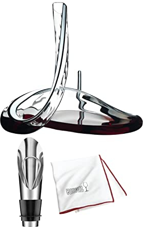 Riedel Mamba Fatto A Mano Kristall-Weindekanter, handgefertigter Glasdekanter mit elegantem Schlangen-Design, belüftet Rotwein für verbesserten Geschmack, Bündel mit Mikrofasertuch und Weinausgießer