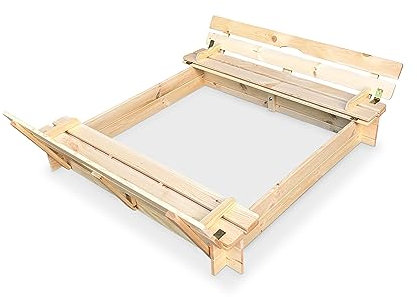 GartenDepot24 Bac à sable en bois avec couvercle et bancs 118 x 118 x 20 cm