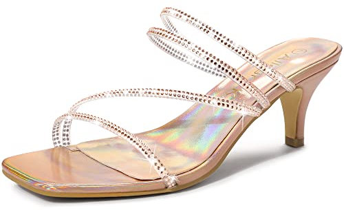 Allegra K Women's Rhinestone Strappy Kitten Heels Slide Sandals Rose Gold 4 UK/Label Size 6 US