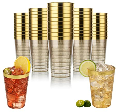 Plastikbecher - 50 Stück Premium Plastikbecher Mehrweg - Kunststoffbecher 330 ml mit Glitzer und Goldenem Rand, Elegant - BPA-frei - Becher Wiederverwendbare für Hochzeitsfeier, Geburtstag & Picknick