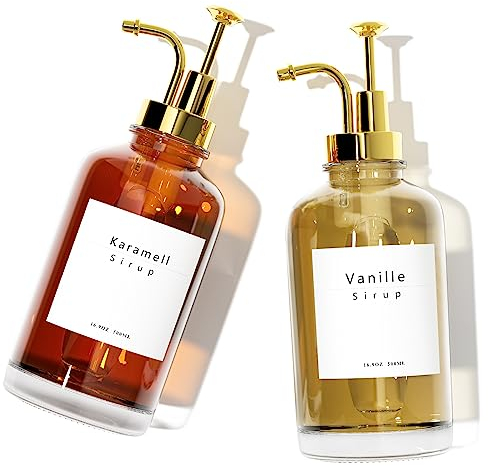 BOLLFO Kaffesirap pumpdispenser för kaffebar tillbehör, kaffepumpar dispenser, glas sirap flaska sirap pumpdispenser kaffesirap dispenser med 42 etiketter, 16,9 oz 500 ml, set om 2