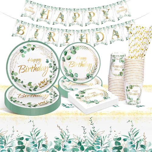HLEIUKT Vaisselle Anniversaire, Vert Or Party Supplies Set, Vaisselle de Fête Assiette Papier Tasse Serviette Nappe Paille pour Decoration Anniversaire Baby Shower (16 Invités)