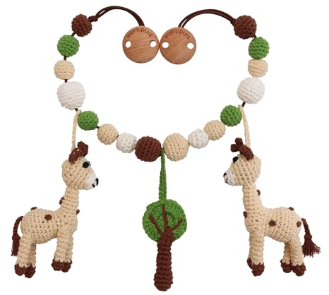 Sindibaba – Multifunktionale Kinderwagenkette Giraffe Spotty (50cm, gehäkelt, mit Rasseln) Bio – Nachhaltiges Babyspielzeug mit weichen Häkel-Stofftieren zum Aufhängen am Kinderwagen und Bettchen