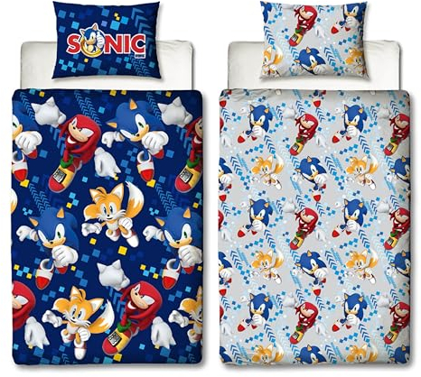Sonic The Hedgehog Official Single Duvet Cover Set | Bounce Design Reversible 2 Sided Bedding Including Matching Pillow Case | Gaming Single Bed Set Blue