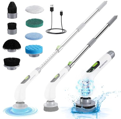 WORKPRO Cepillo de Limpieza Eléctrico, 8V Cepillo Limpieza Hogar, con 8 Cabezal de Limpieza y Mango Telescópico de 30 a 120 cm, Cepillo Eléctrico con 3 Velocidad, Ideal para Suelos, Baños y Cocinas