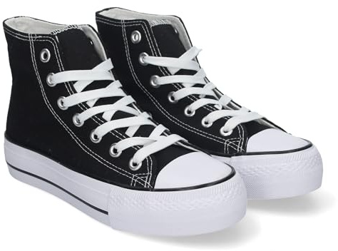 Zapatilla Abotinada de Mujer, Comoda, con Material de Lona, Estilo Bamba Casual, y Cierre de Cordones