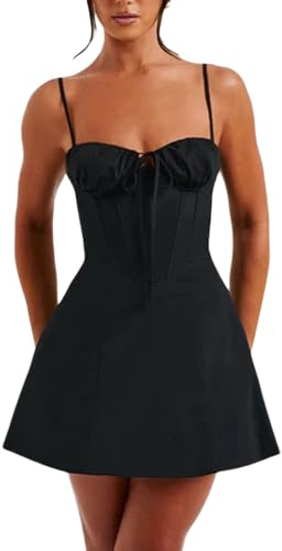 Mini Cami-klänning för kvinnor enfärgad ärmlös knytbar festklänning, Svart, M