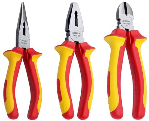 WEDO Juego de alicates aislados de 3 piezas, VED 1000 V, kit de alicates para electricista, alicates Lineman de 6 pulgadas, alicates de punta larga de aguja de 6 pulgadas, alicates de corte diagonal