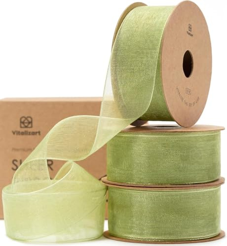 Vitalizart Sage Green Organza Ribbon 1'' x 30Yd Sheer Ribbons for Crafting