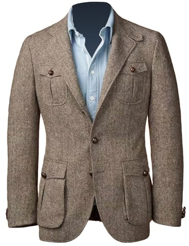 RAJEGAR Abrigos deportivos de tweed en espiga para hombre, con dos botones, estilo casual, mezcla de lana, color marrón, vintage, para novio británico, caqui, XXL