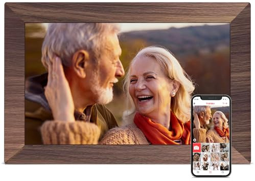 Digital bildram, 10,1 tum Frameo digital ram WiFi, 1280 x 800 IPS HD-pekskärm, 32 GB lagring, omedelbar dela bilder video, smart fotoram elektronisk, gåvor till mamma, mormor, träfiber