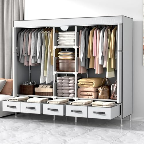 Anmas Power Armario de Tela Portátil, Organizador de Ropa con Barra para Colgar, 5 Cajones de Tela, Compartimentos para Zapatos, Plegable, 185x45x170CM, Blanco Roto