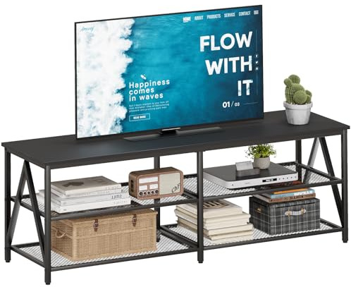 TV-Schrank, Fernsehtisch, Lowboard für Fernseher bis zu 65 Zoll, Fernsehschrank mit 3 offenen Fächern, TV-Regal für Wohnzimmer Schlafzimmer, 140 x 40 x 50 cm, Industrie Design, Stahlgestell, Schwarz