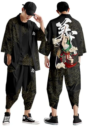 Duohropke Kimono d'été 2 pièces pour homme - Tenue à manches courtes - Tenue de loisirs - Short - Peignoir japonais - Cardigan imprimé traditionnel - Veste classique