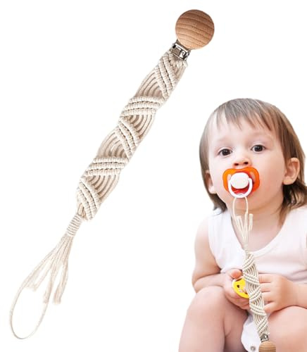 Clip para chupetes, clip para chupetes | Clips Paci hechos a mano Boho | Soporte de chupete de algodón flexible, cuerda de algodón boho clips de madera trenzados, para botella de leche