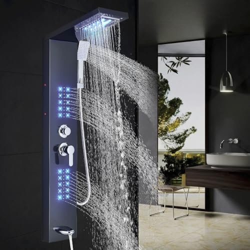 ZAMERY Sistema de torre de panel de ducha LED 5 en 1 - Cascada, cabezal de ducha de lluvia, de mano, chorros corporales y boquilla de bañera, juego de sistema de columna de ducha, color negro