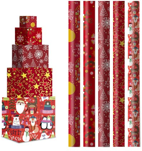 H HANSEL HOME Pack 5 Rollos Papel de Regalo 70x200cm – Diseño Navideño Rojo con Santa, Estrellas y Copos de Nieve – Papel Grande y Resistente para Envolver Regalos de Cumpleaños, Navidad y Fiestas