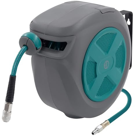 ECD Germany Carrete de Manguera de Aire Comprimido 15m + 1,5m Enrollador de Recogida Automática Conexión de 1/4 máx. 15 bar, Giratorio 180°, Ø12mm Portamangueras de Jardín con Kit de Montaje en Pared